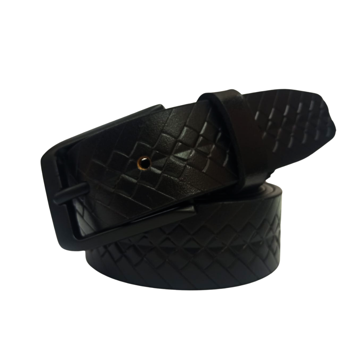 Men's premium black leather belt with embossed diamond pattern and matte black buckle