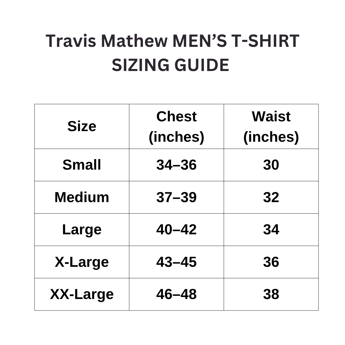 Travis Mathew men's golf polo US size chart