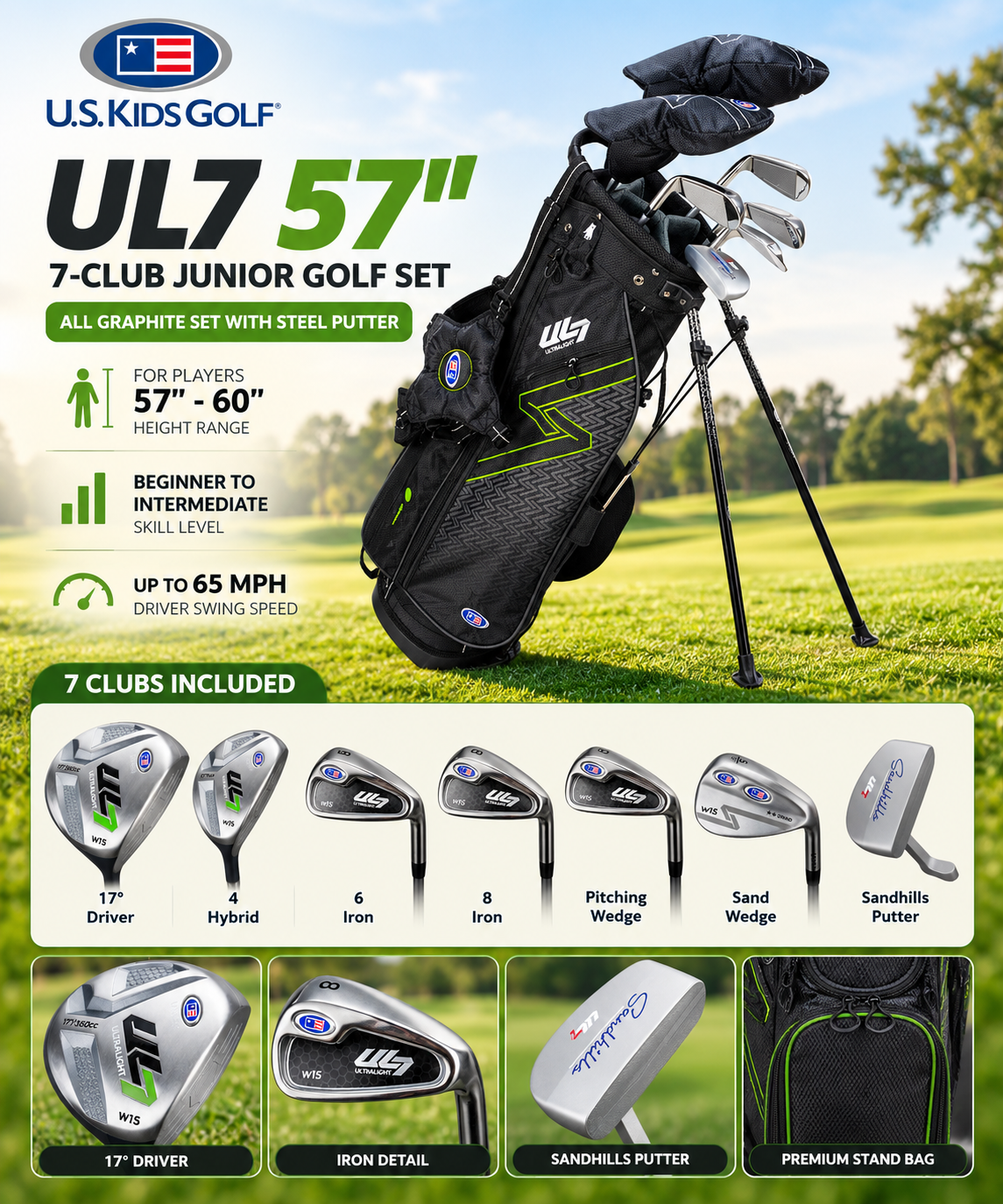 U.S. Kids Golf UL7 57" All Graphite Set with Steel Putter (7-Club)