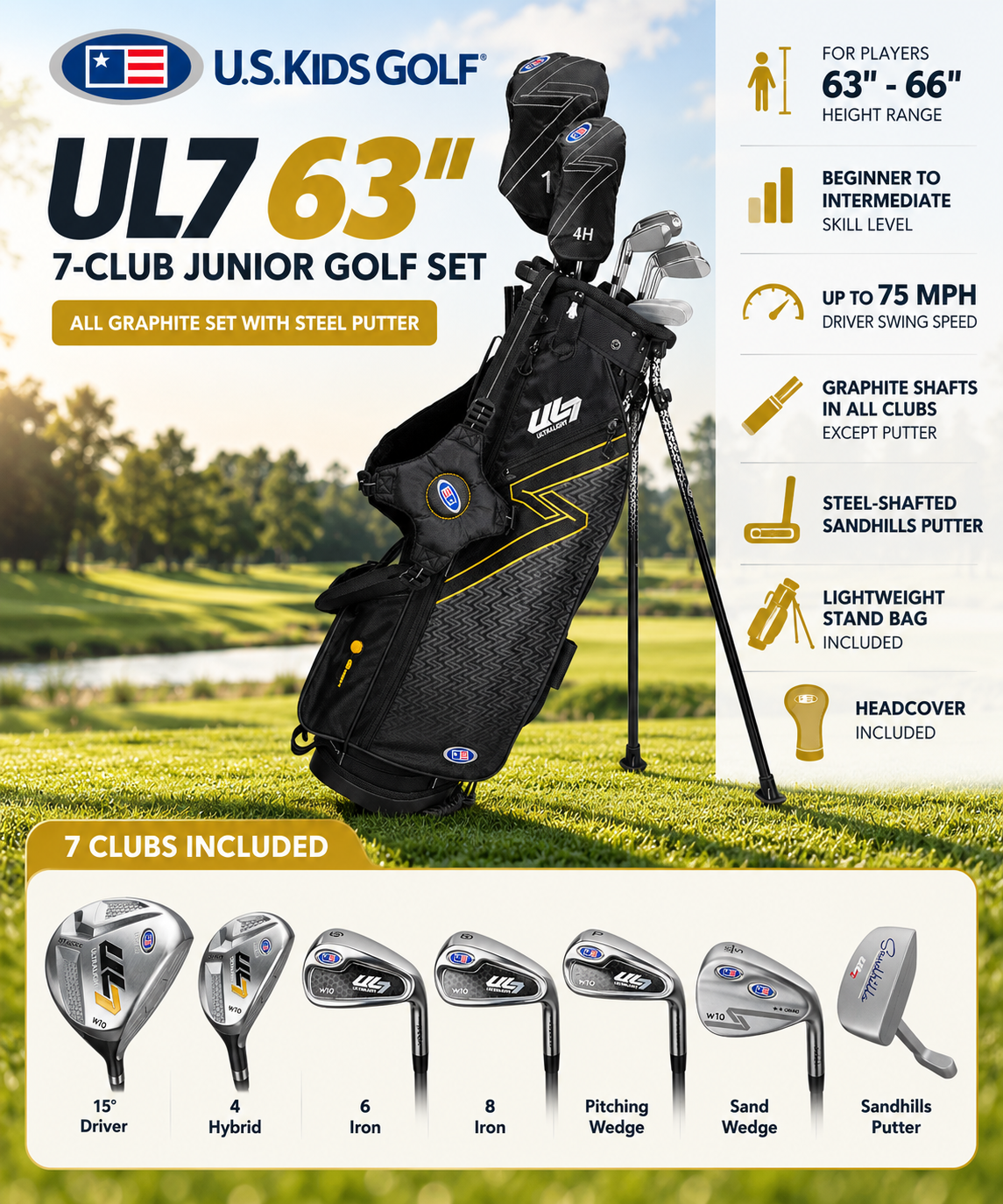 U.S. Kids Golf UL7 63" All Graphite Set with Steel Putter (7-Club)