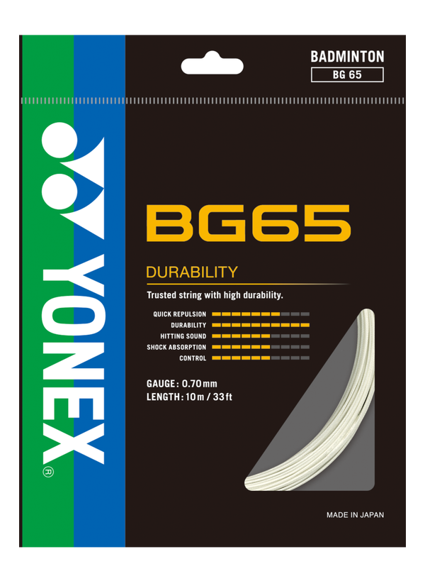 Yonex BG65 Durability badminton string in White – durable all-round performance string.